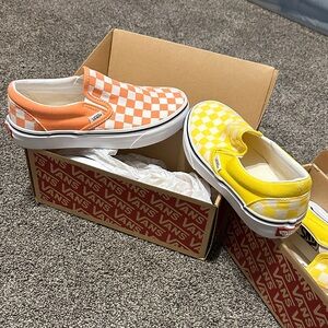Vans Orange and Yellow Checkerboard Slip-Ons